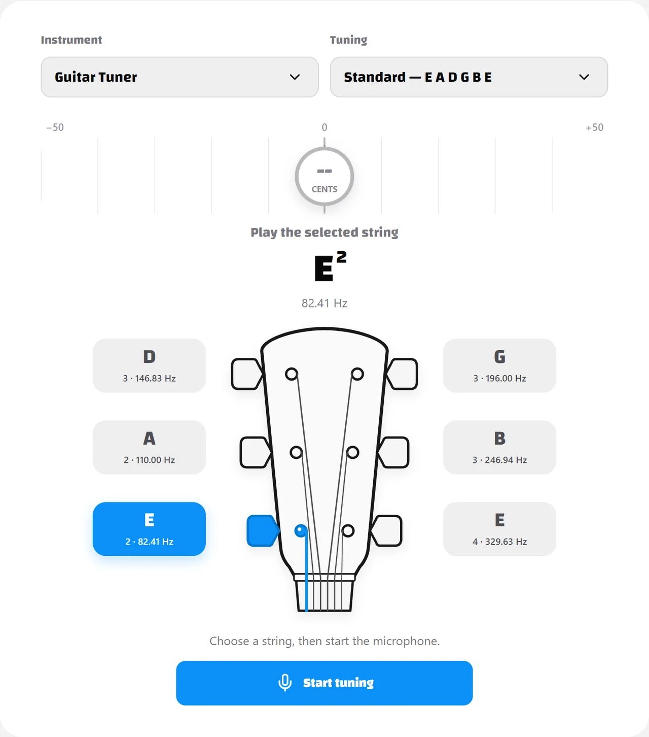 The online guitar tuner with standard string notes