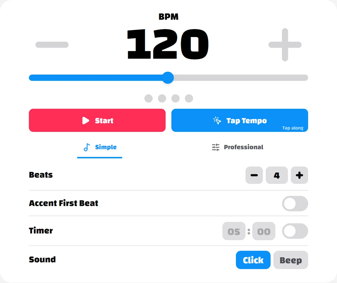 Online metronome with a BPM display and guitar practice controls