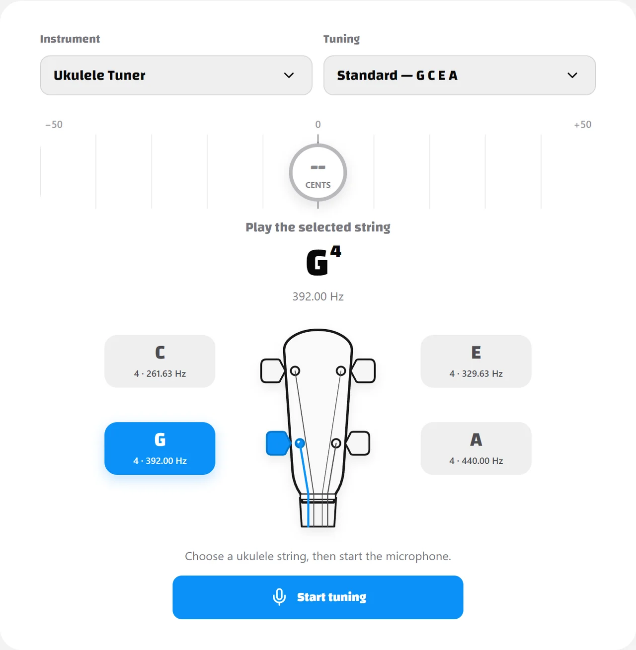The online ukulele tuner with standard string notes